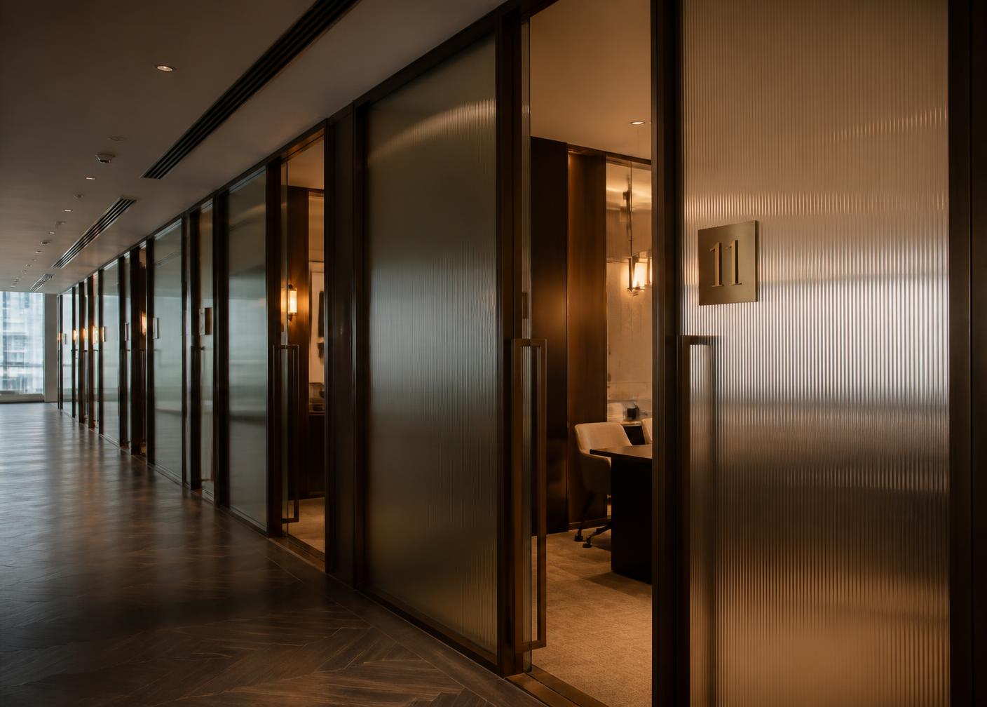 Corridor of meeting rooms with a brass number 11 door plate
