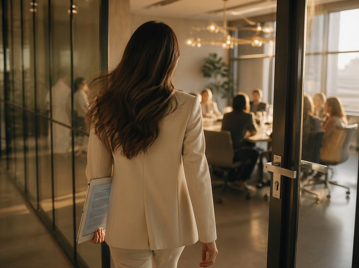 A woman in a cream suit walking into a glass-walled boardroom where a meeting is in session