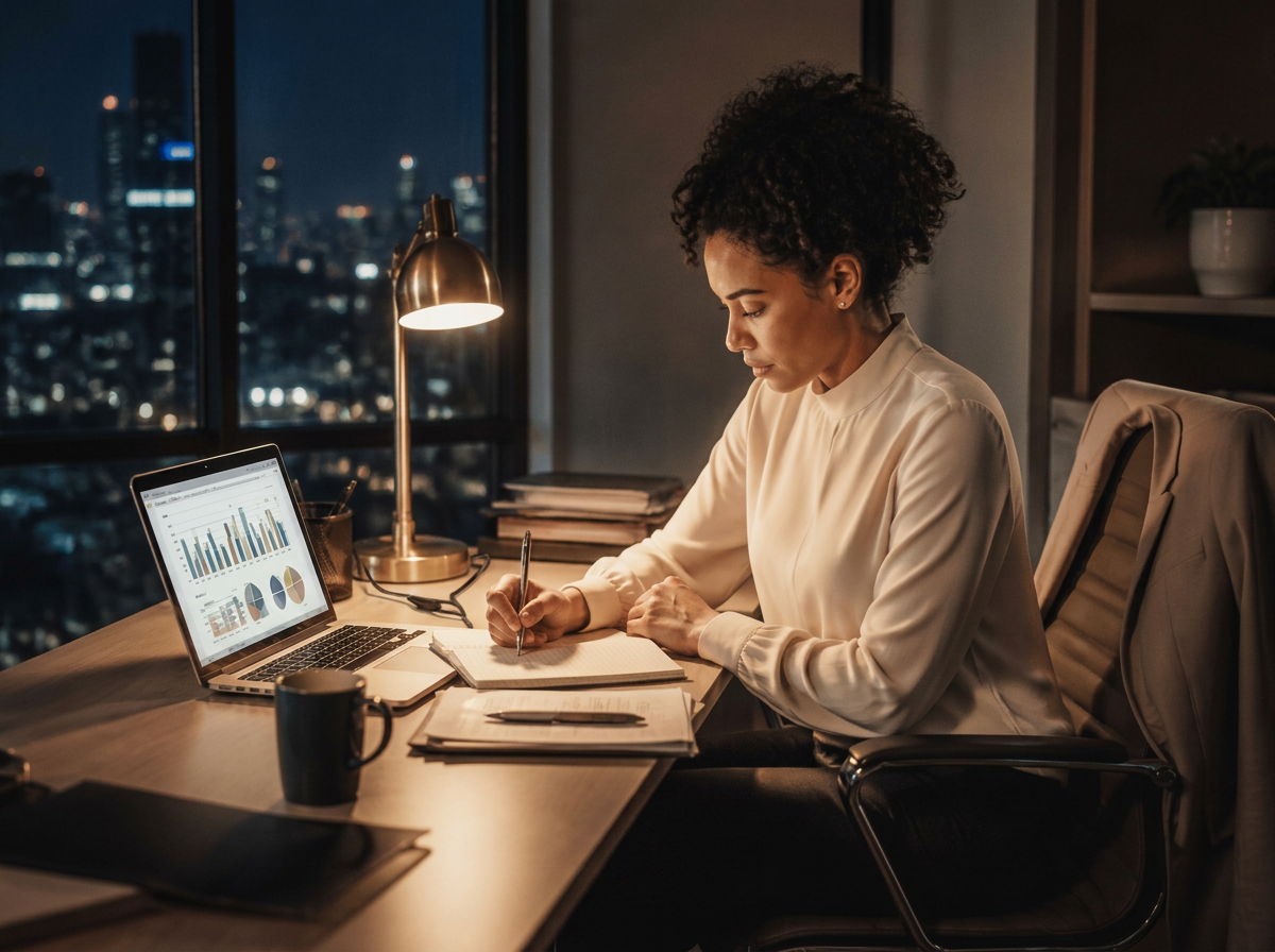 A professional writing in a notebook at a desk at night, laptop with charts open, city lights behind